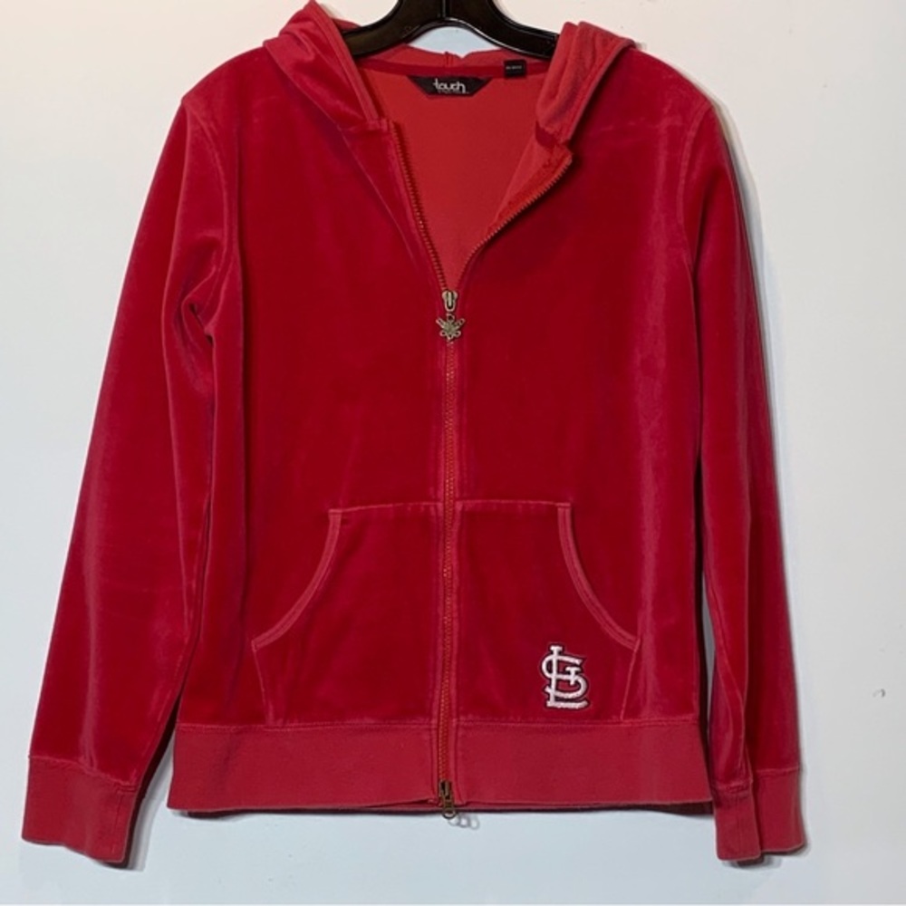 EUC St Louis Cardinals Red Velour Embroidered Zip Up Hooded Jacket